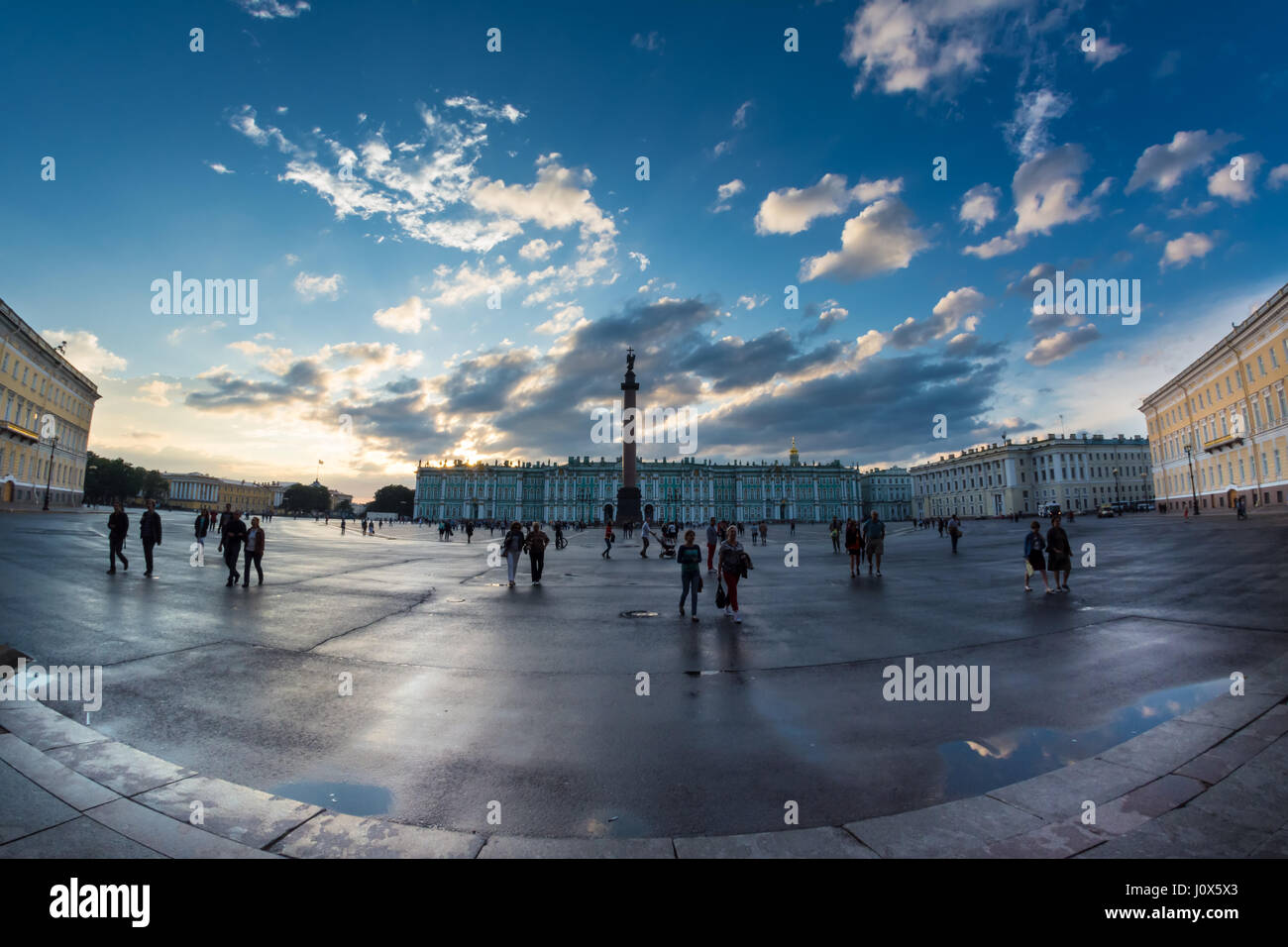 ST. PETERSBURG, RUSSIA - JULY 15, 2016: Magic white night in the Palace Square, St. Petersburg, Russia. Taken fisheye. Stock Photo