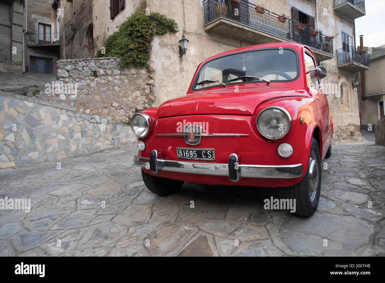Close up of FIAT 500 parked in a street in Civita, Calabria region ...