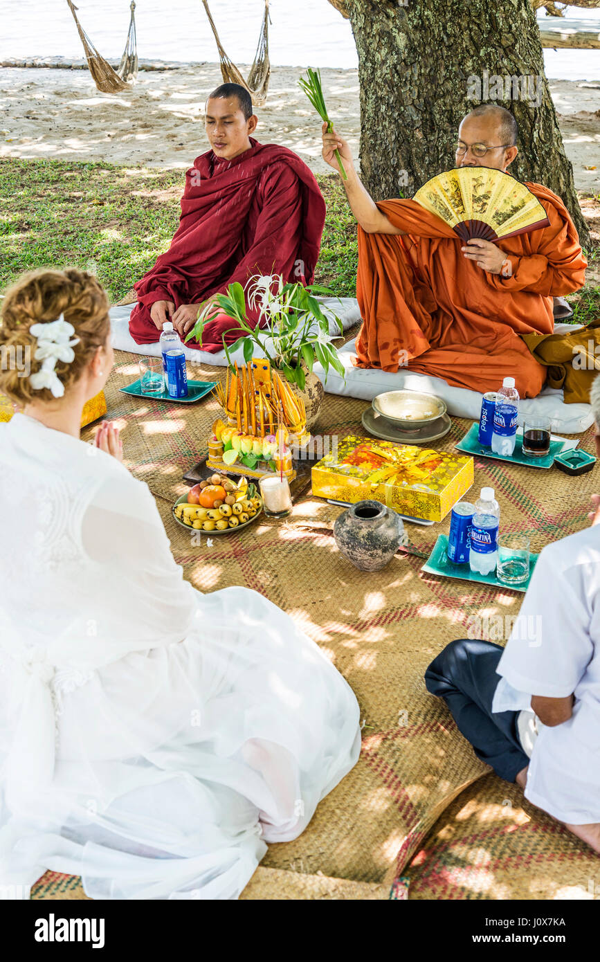 Monks Blessing Buddhist Wedding Ceremony For Western European Couple In Cambodia Asia Stock