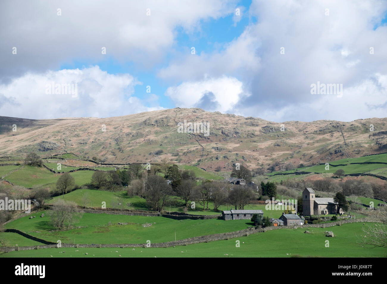 Kentmere valley and church Stock Photo