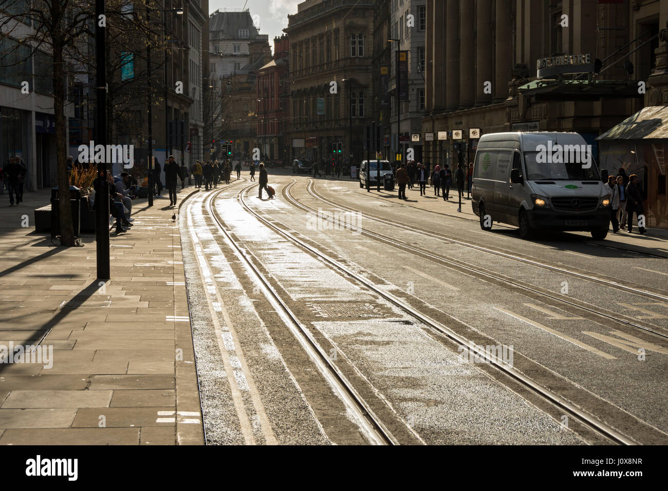 The newly completed Second City Crossing tram route, Cross Street, Manchester, England, UK Stock Photo