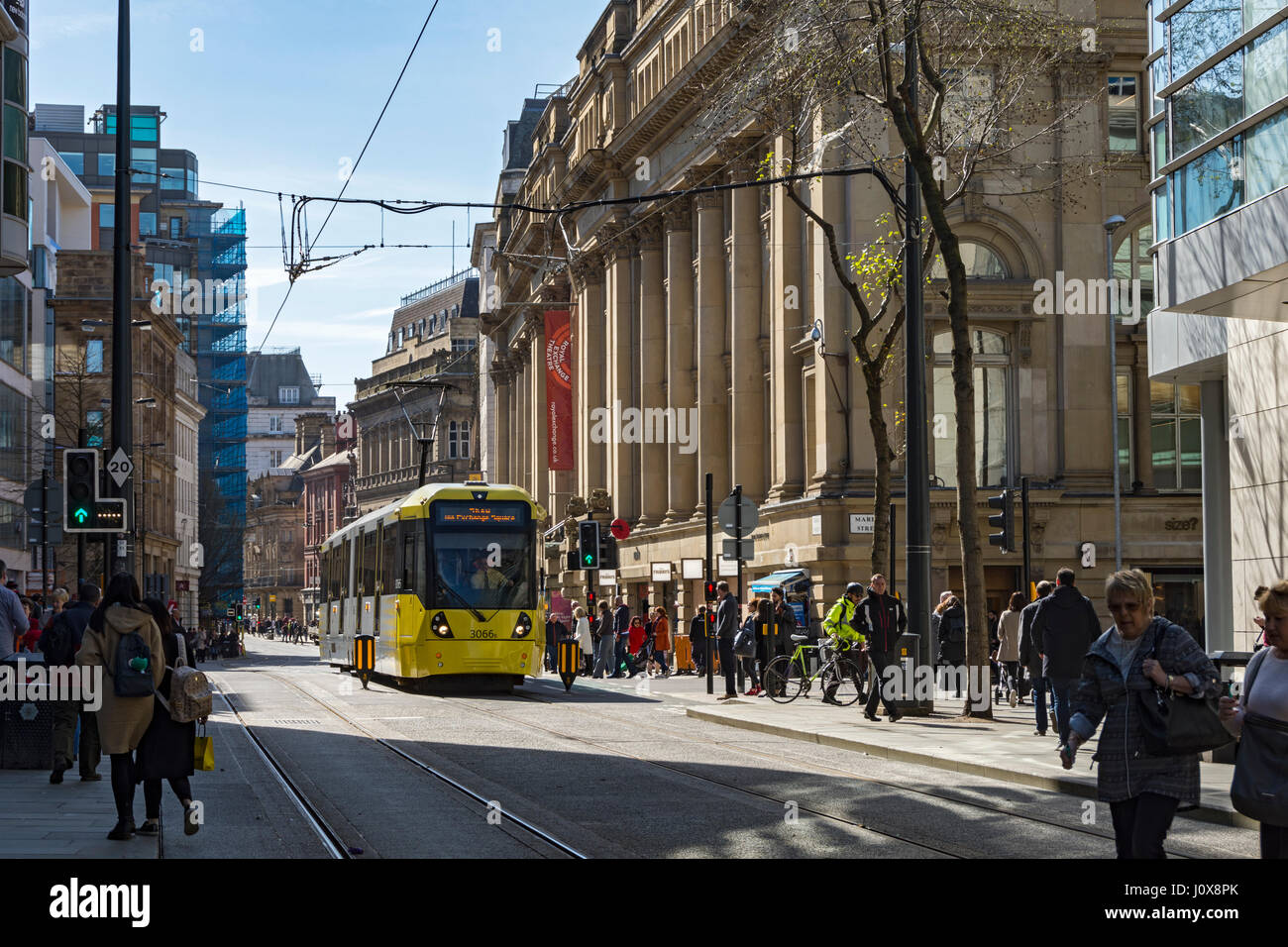 The newly completed Second City Crossing tram route, by the Exchange Theatre, Cross Street, Manchester, England, UK Stock Photo