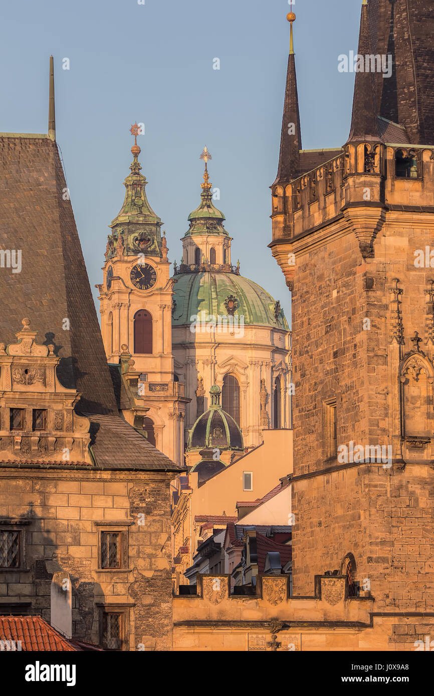 Prague historic architecture taken from Charles bridge in the morning light in portrait format. Stock Photo