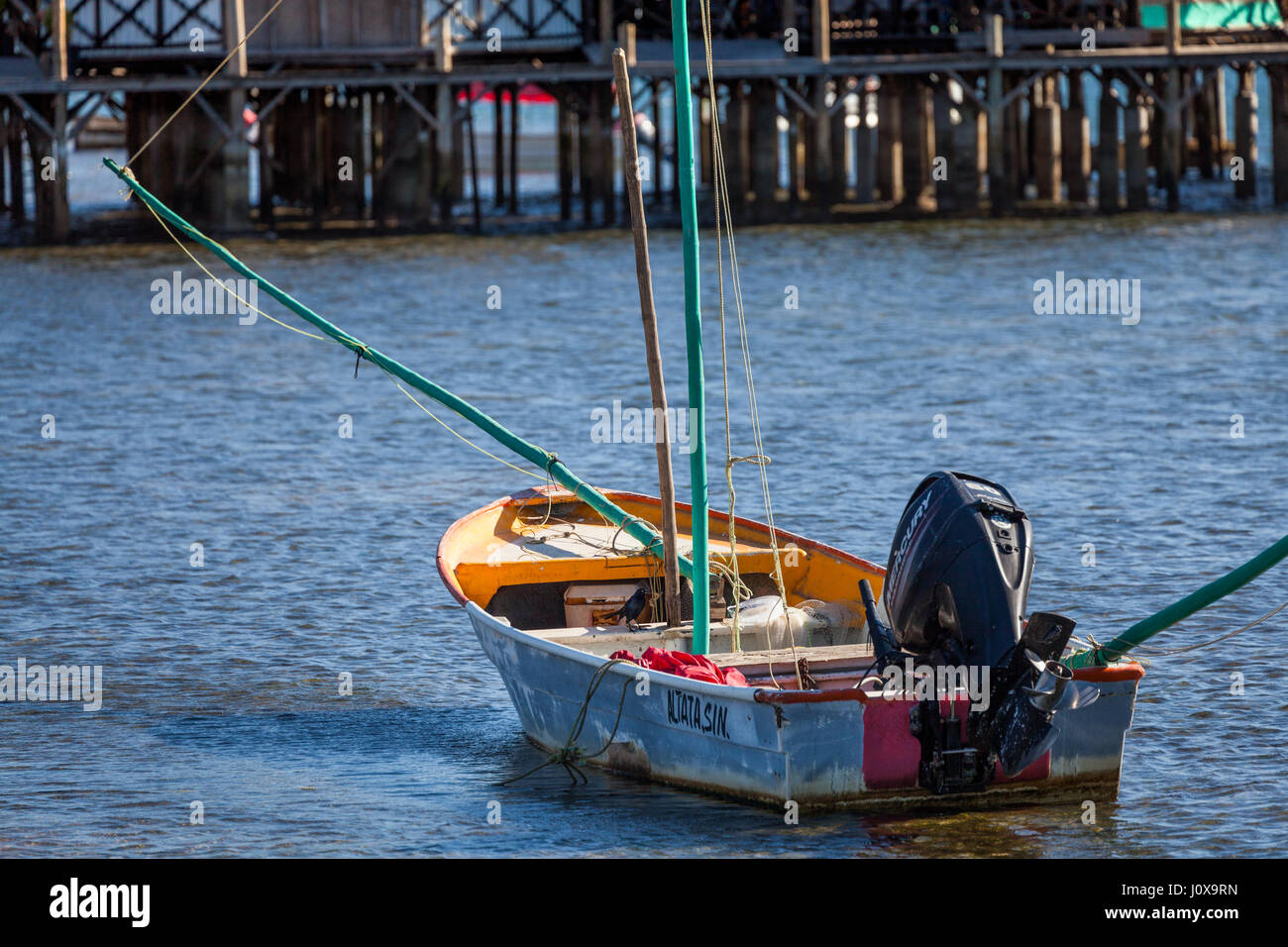 Small fishing boat near the docks of Altata, Sinaloa near Culiacan, Mexico. Stock Photo