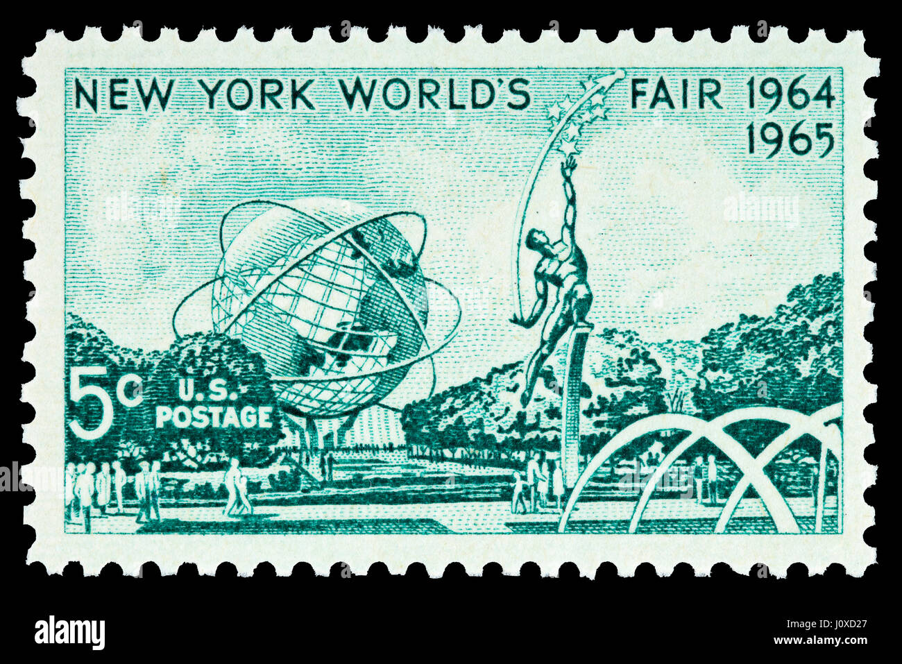 The 1964 New York World's Fair five-cent stamp postage depicting Unisphere (is a spherical stainless steel representation of the Earth).  The Unispher Stock Photo