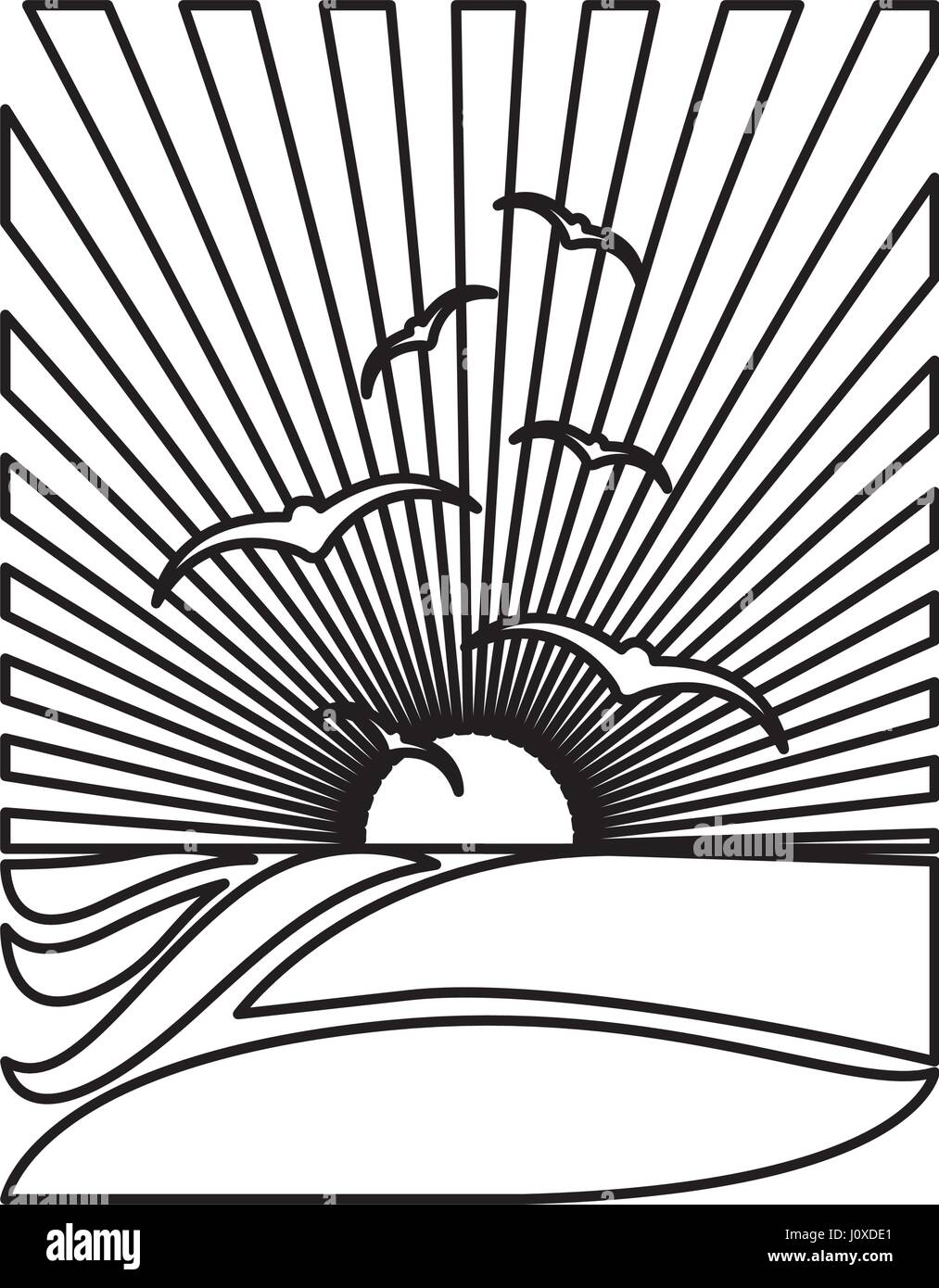 silhouette rectangular background sunset in the ocean with gulls Stock