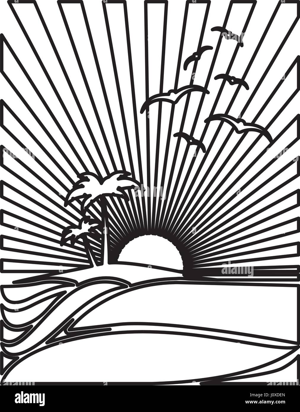 silhouette rectangular background sunset in the beach with palms and ...