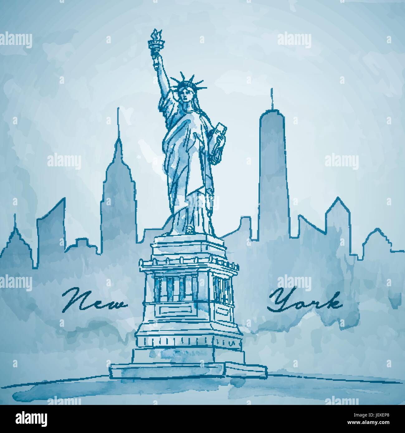 New York Skyline Silhouette With Statue Of Liberty