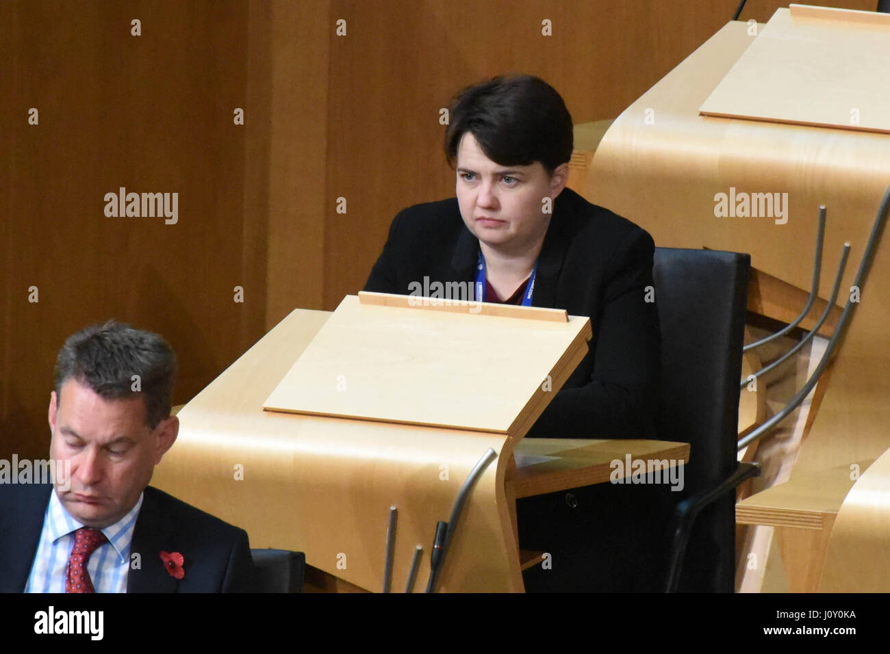 Scottish Conservative leader Ruth Davidson takes a seat on the backbenches during the debate on Trident renewal in the Scottish Parliament Stock Photo