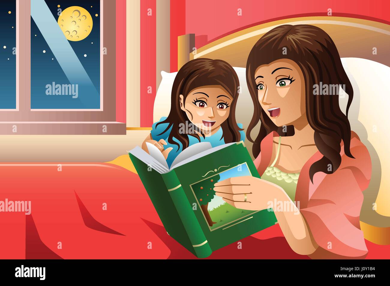 A Vector Illustration Of Mother Telling A Bedtime Story To Her Daughter