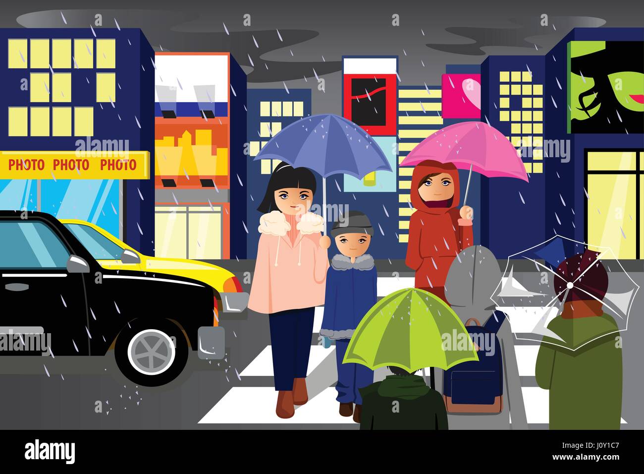 A vector illustration of people in the city walking during the rain ...
