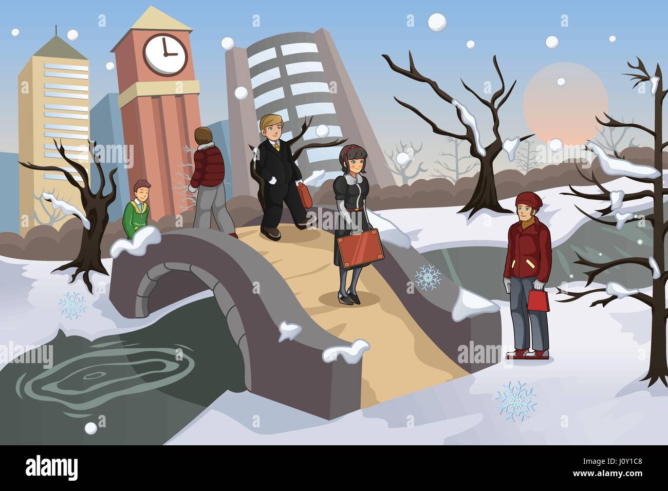 A vector illustration of people walking in the park during winter Stock ...