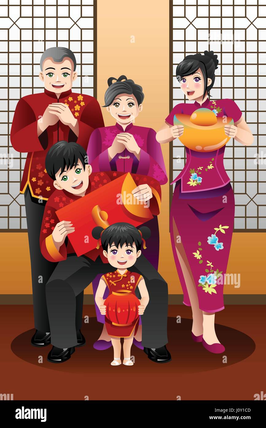 A vector illustration of family celebrating Chinese New Year Stock