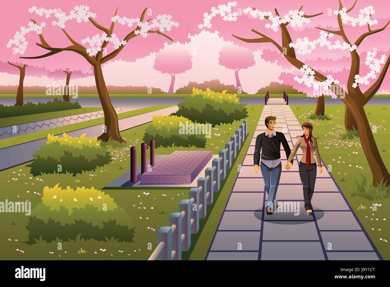 A vector illustration of happy couple walking in a park during cherry ...