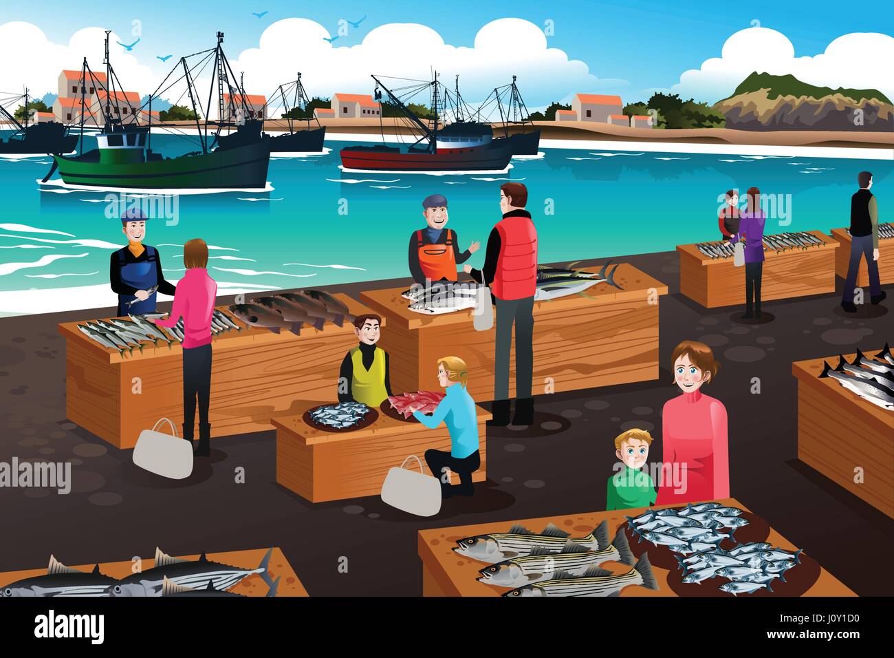 A vector illustration of fish market scene Stock Vector