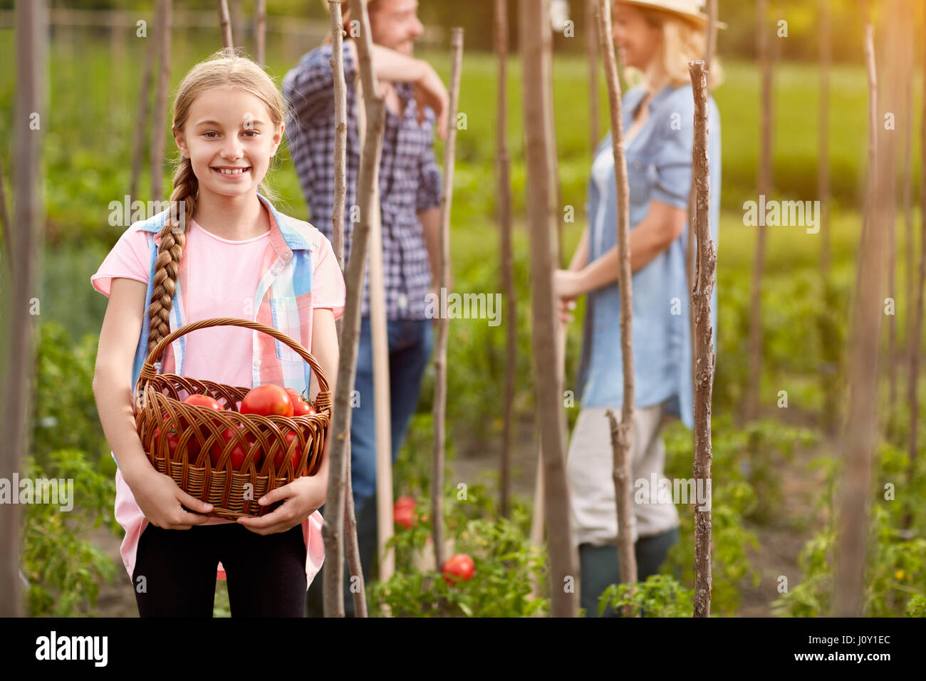 Smiling girl with basked full of picked tomatoes on farm Stock Photo ...