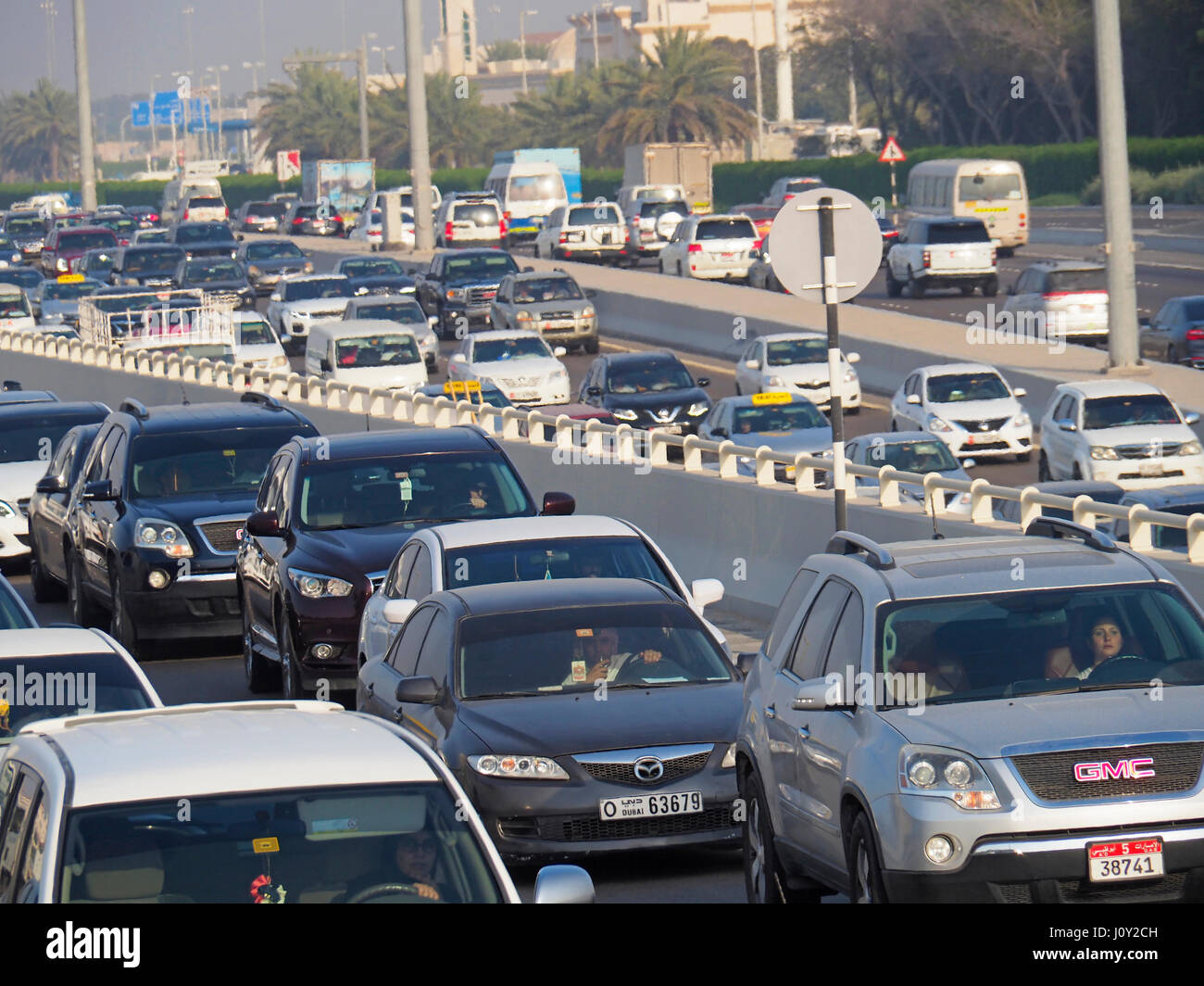 Heavy traffic congestion, on expressways of Abu Dhabi in the UAE. Stock Photo