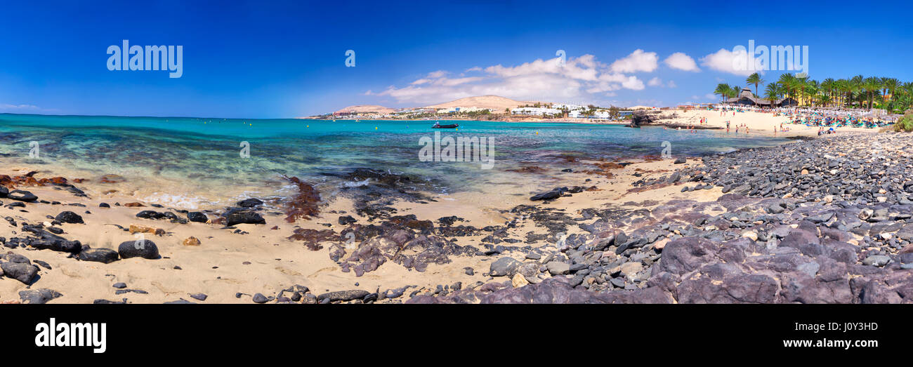 View to Costa Calma sandy beach with vulcanic mountains in the background on Fuerteventura island, Canary Islands, Spain. Stock Photo