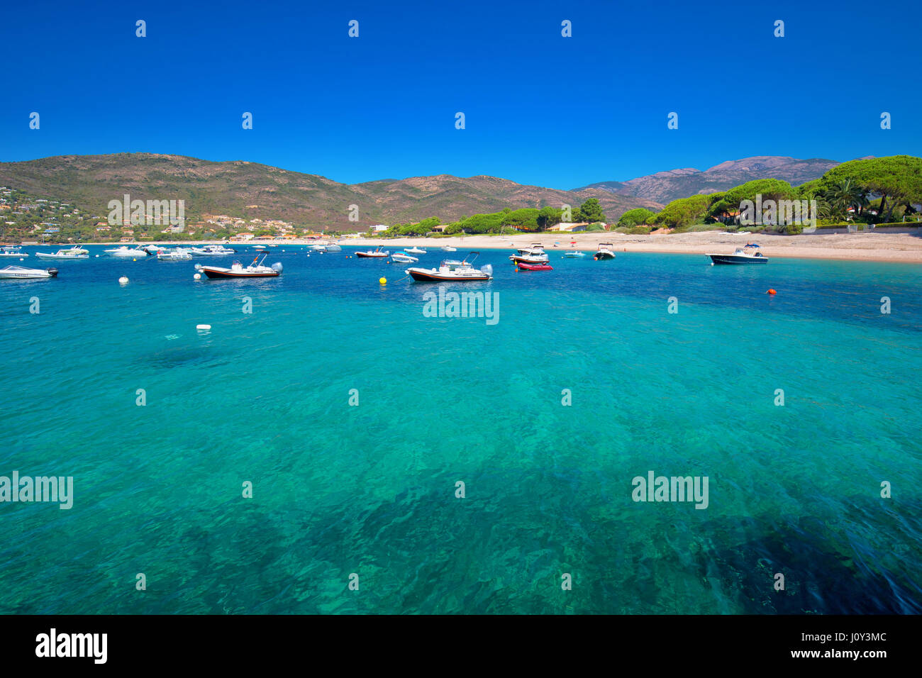 PORTICCIO,CORSICA, FRANCE - August 2016 - Mediteranian Corsica island with pine trees, sandy beach, tourquise clear water and yachts in bay, Corsica,  Stock Photo
