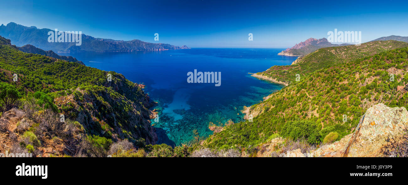 View from famous D81 coastal road with view of Golfe de Girolata from Bocca Di Palmarella, Corsica, France, Europe. Stock Photo