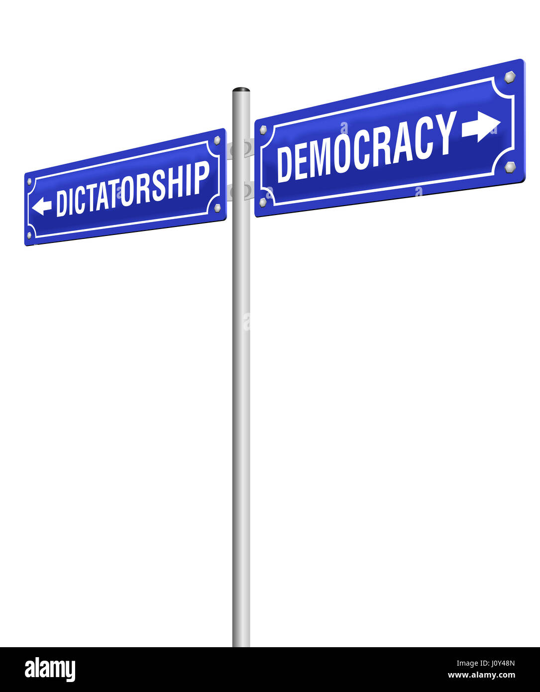 DICTATORSHIP and DEMOCRACY, written on two signposts in opposite directions. Isolated illustration on white background. Stock Photo