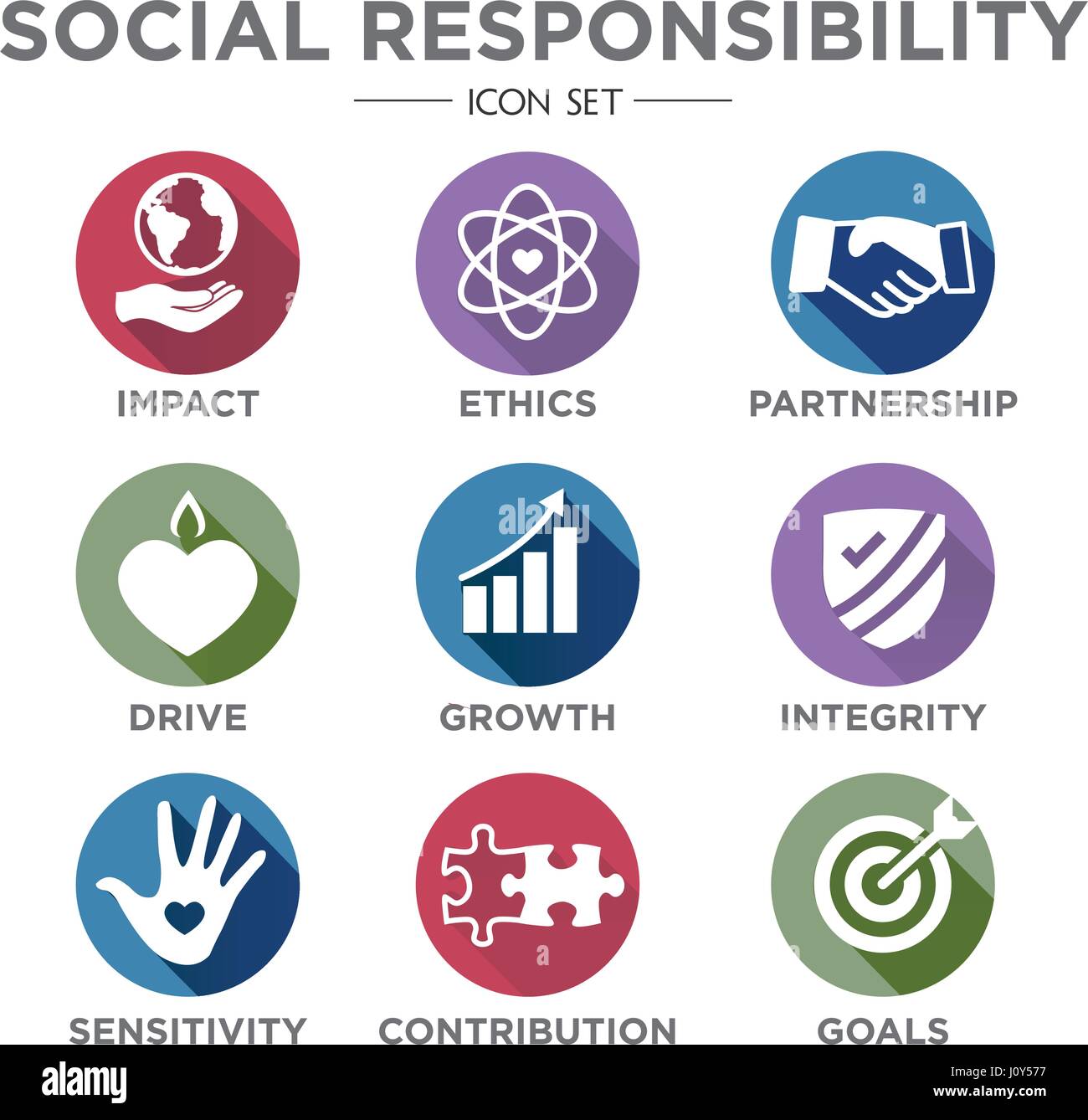 Social Responsibility Solid Icon Set with Impact, Ethics, Partnership, drive, etc Stock Vector