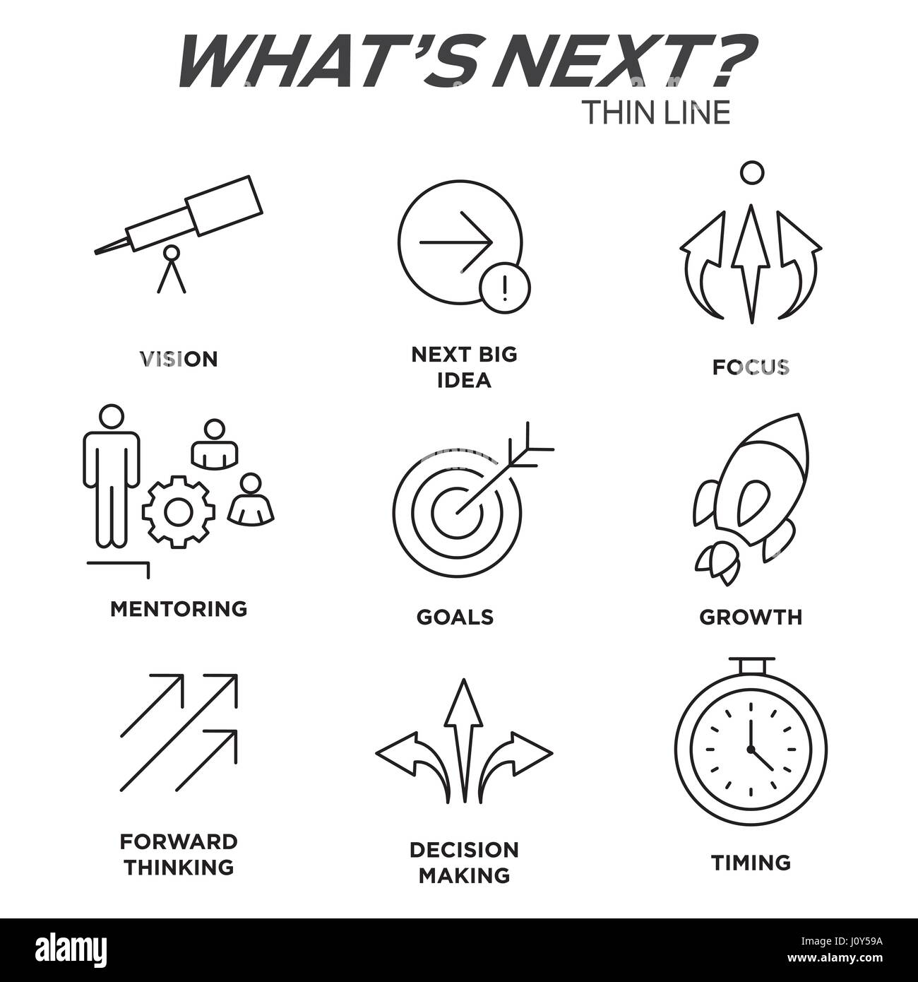 What's Next Icon Set with Big Idea, Mentoring, Decision Making, and Forward Thinking etc Icons Stock Vector