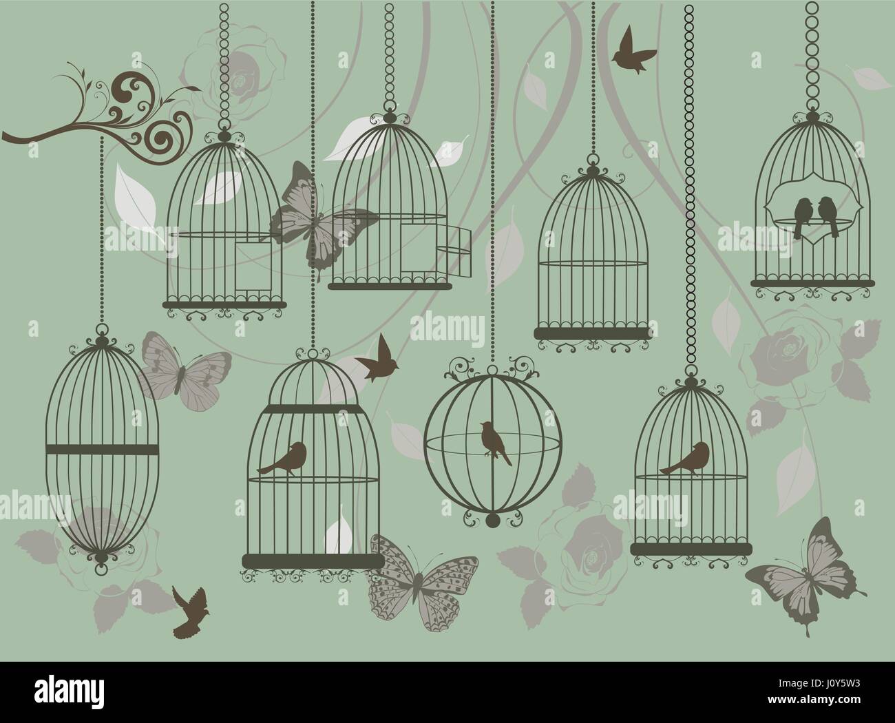 Vector illustration of vintage background with birds, cages
