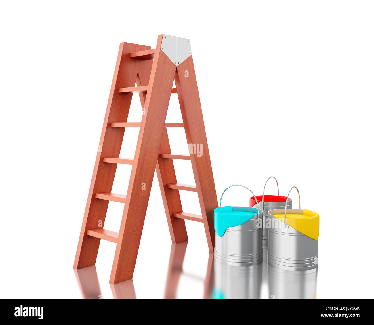 3d renderer image. Full paint buckets with brown ladder. Isolated white background. Stock Photo