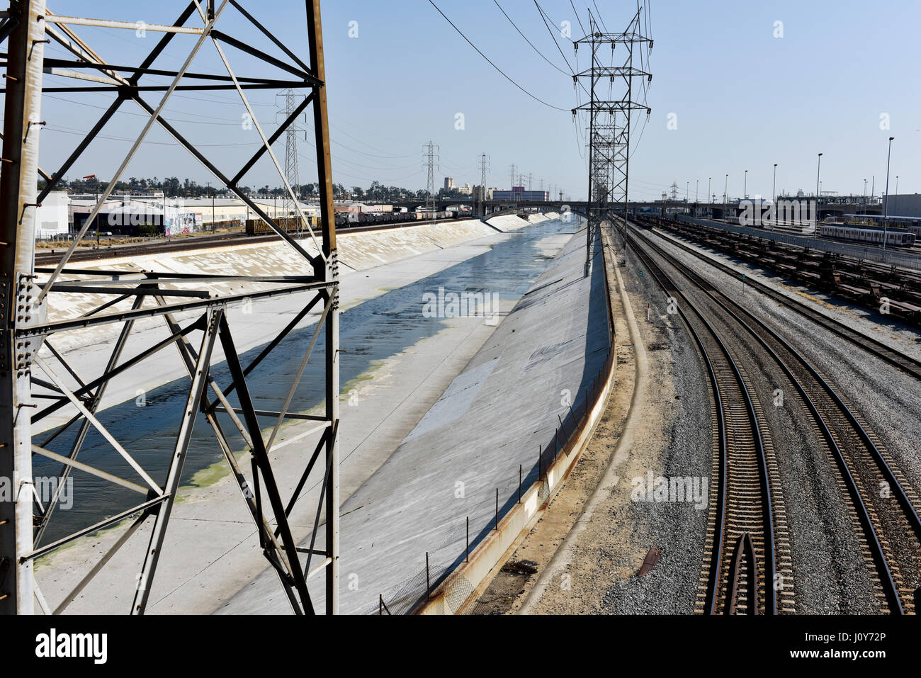 Train tracks by the Los Angeles River Stock Photo