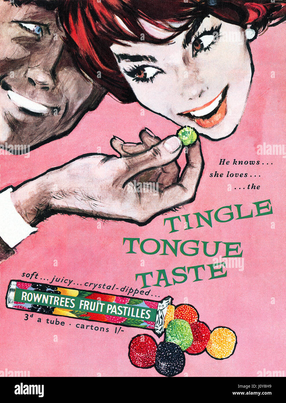 1959 British advertisement for Rowntree's Fruit Pastilles. Stock Photo