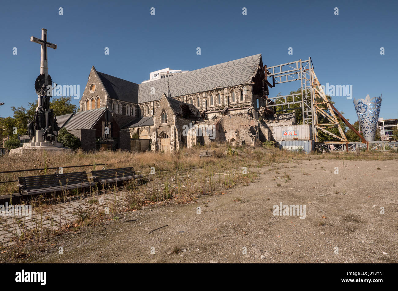 Christchurch Cathedral, Christchurch, New Zealand damaged after the 2011 earthquake. Stock Photo