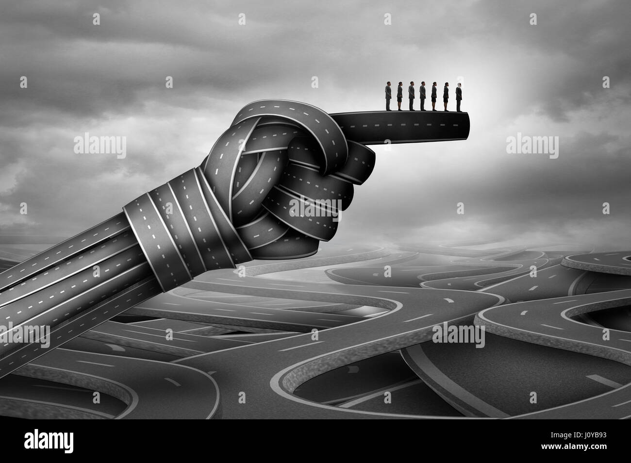 Business group advice and corporate company direction as businesspeople guided by roads shaped as a pointing hand with 3D illustration elements. Stock Photo