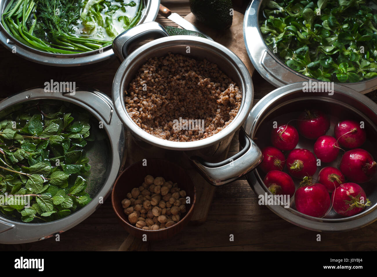 Ingredients for healthy salad with buckwheat ,vegetable and greens horizontal Stock Photo