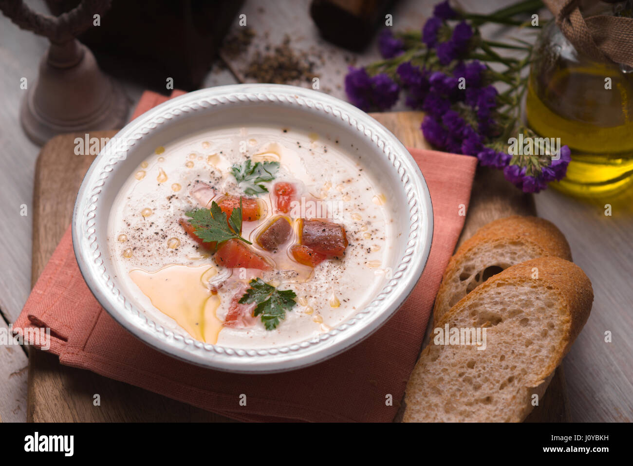 Soup puree with salmon in a ceramic bowl closeup Stock Photo