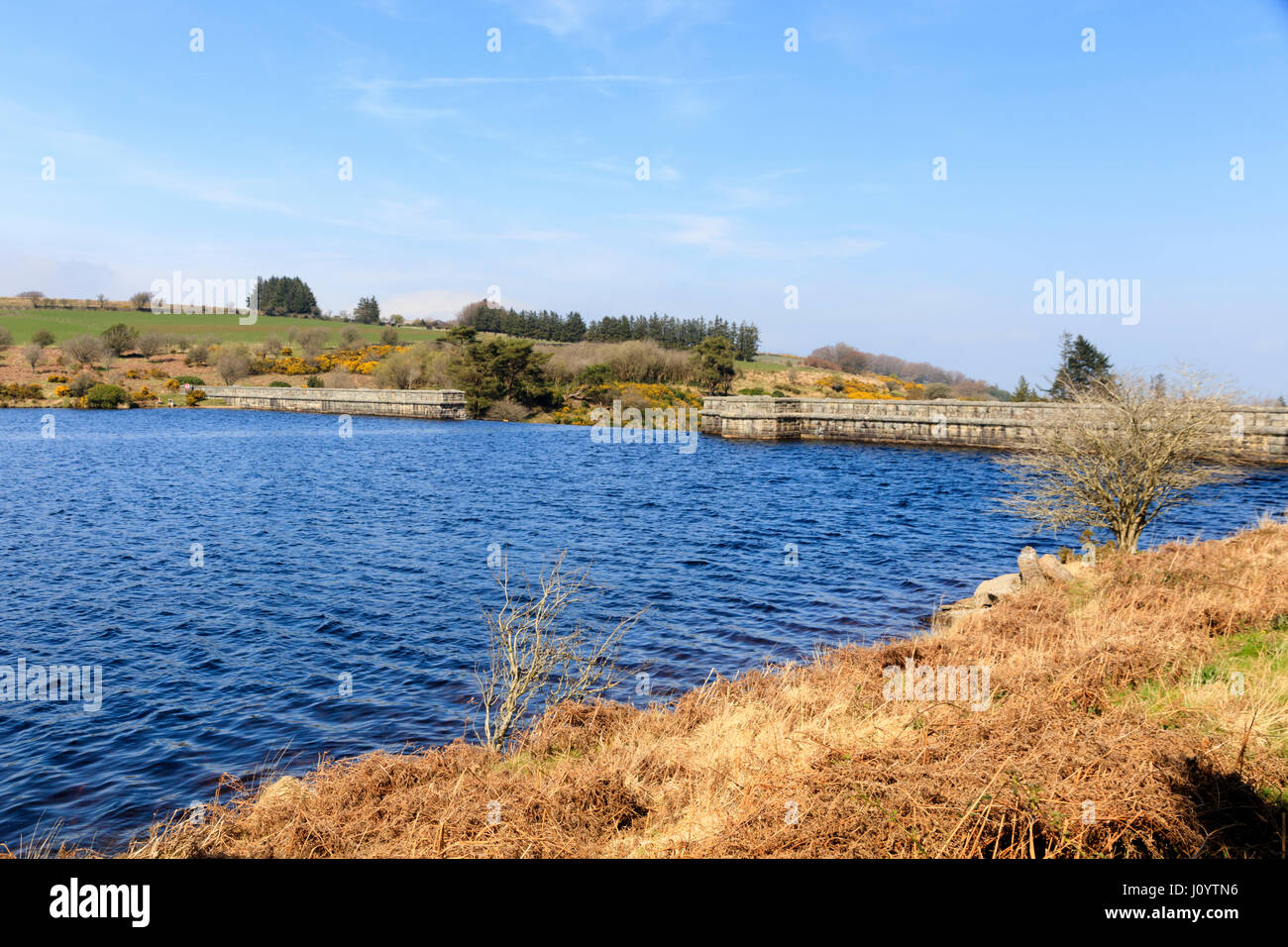 The dam walls and central spillway at Fernworthy Reservoir, Dartmoor on an early Spring day Stock Photo