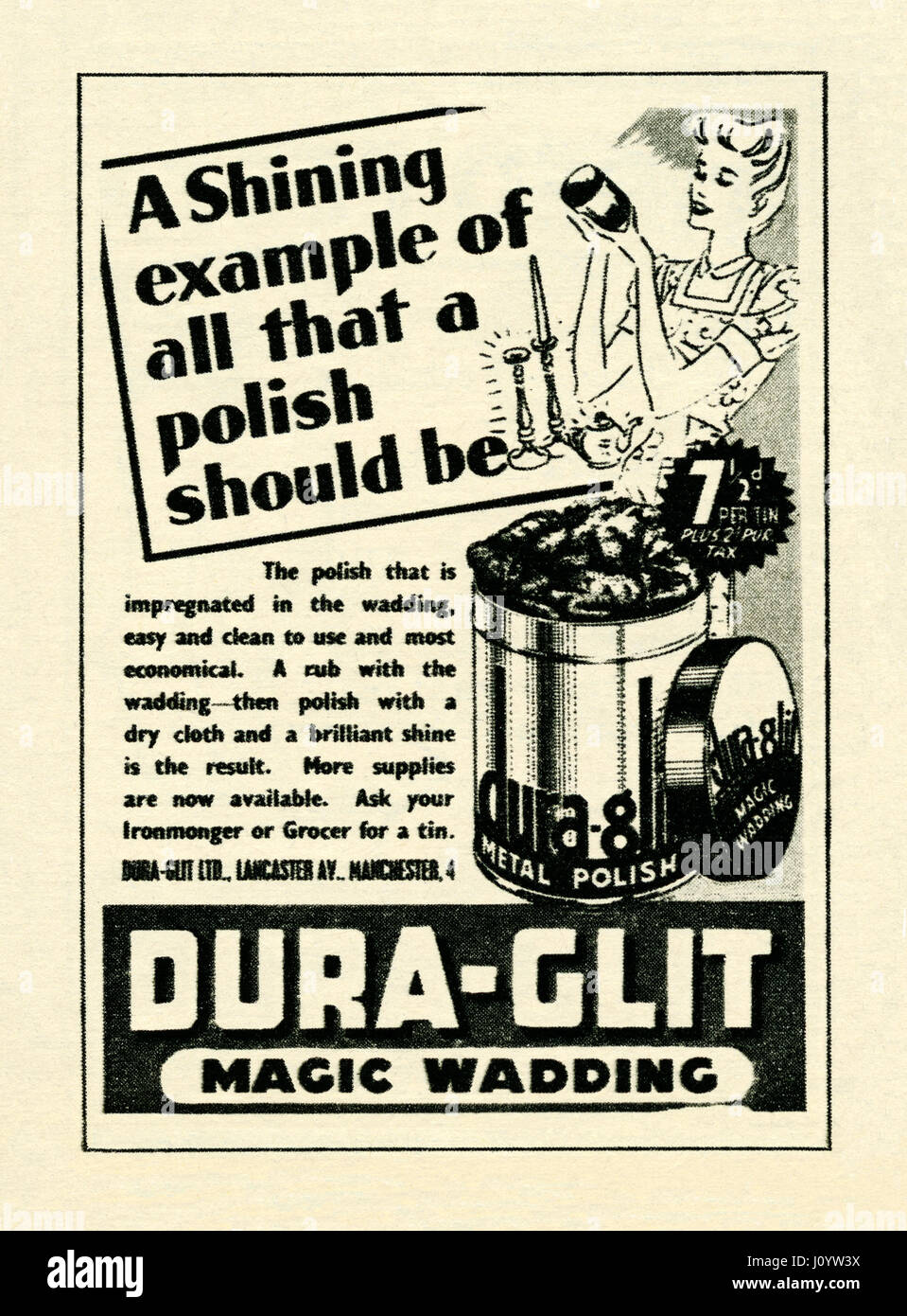 An advert for Duraglit metal polish. It appeared in a magazine published in  the UK in 1946 – vintage 1940s graphics for editorial use only Stock Photo  - Alamy