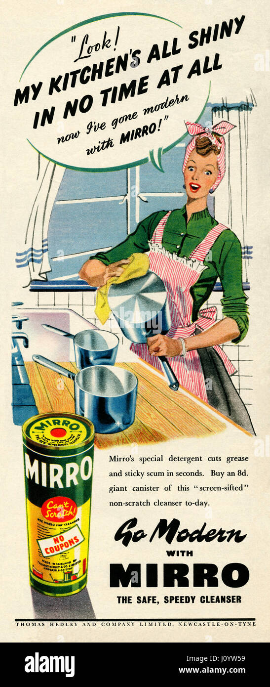 An advert for Mirro household cleaner. It appeared in a magazine published in the UK in 1946 – vintage 1940s graphics for editorial use only. Stock Photo