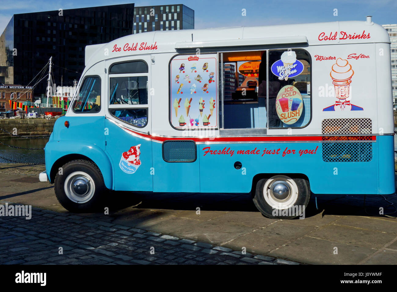 Vintage ice cream van at Liverpool Docks. Stock Photo