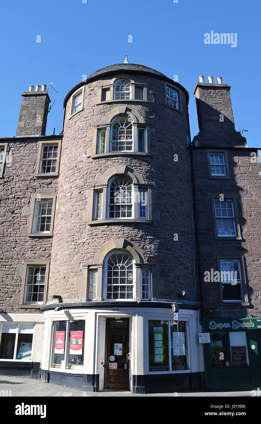 DUNDEE, SCOTLAND - 27 MARCH 2017: The Morgan Tower, a late 18th century tenement with projecting five storey bow-fronted tower. Stock Photo