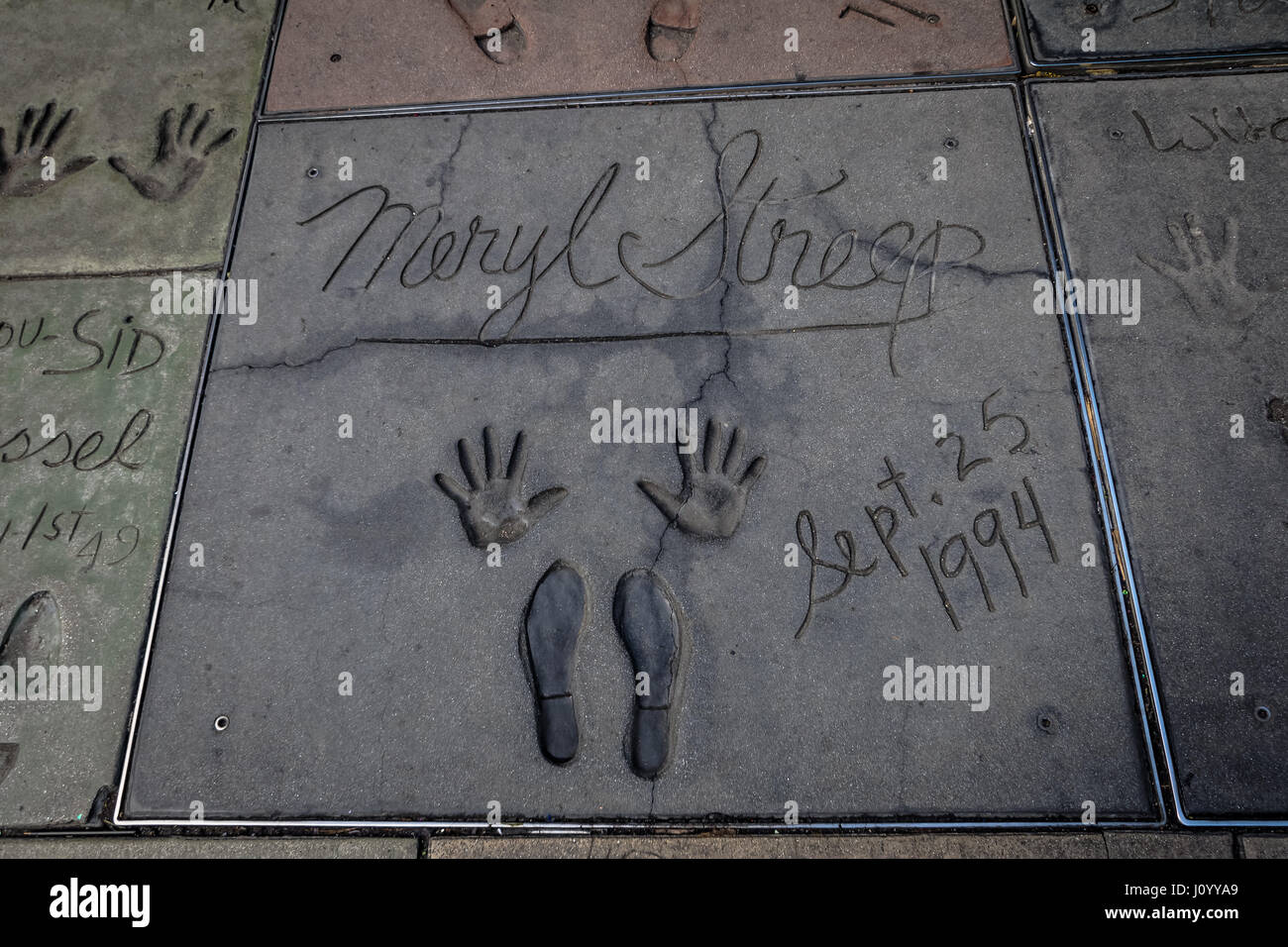 Meryl Streep handprints in Hollywood Boulevard in front of Chinese Theater - Los Angeles California, USA Stock Photo