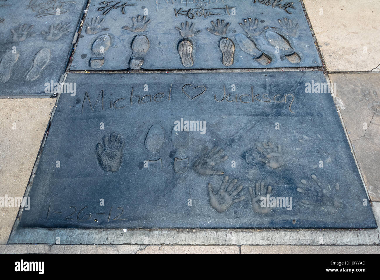 Michael Jackson handprints in Hollywood Boulevard in front of Chinese Theater - Los Angeles California, USA Stock Photo