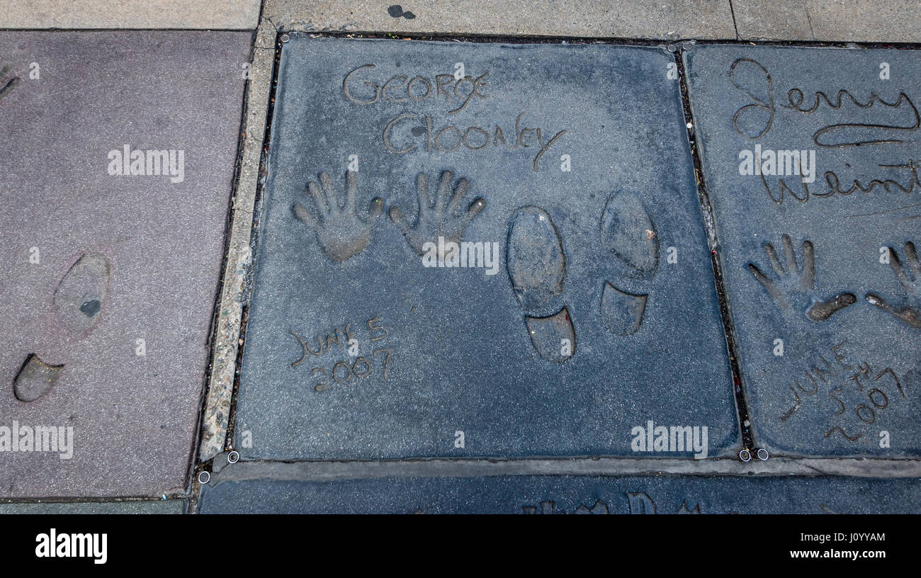 George Clooney handprints in Hollywood Boulevard in front of Chinese Theater - Los Angeles California, USA Stock Photo