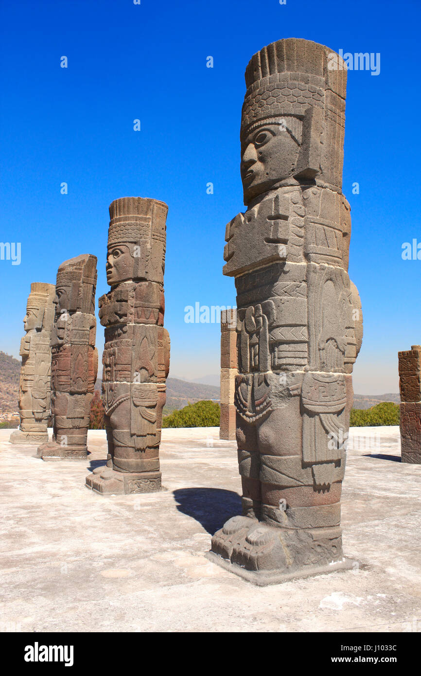 Toltec Atlantes - columns on top Pyramid of Quetzalcoatl, Tula de Allende, Hidalgo state, Mexico. UNESCO world heritage site Stock Photo