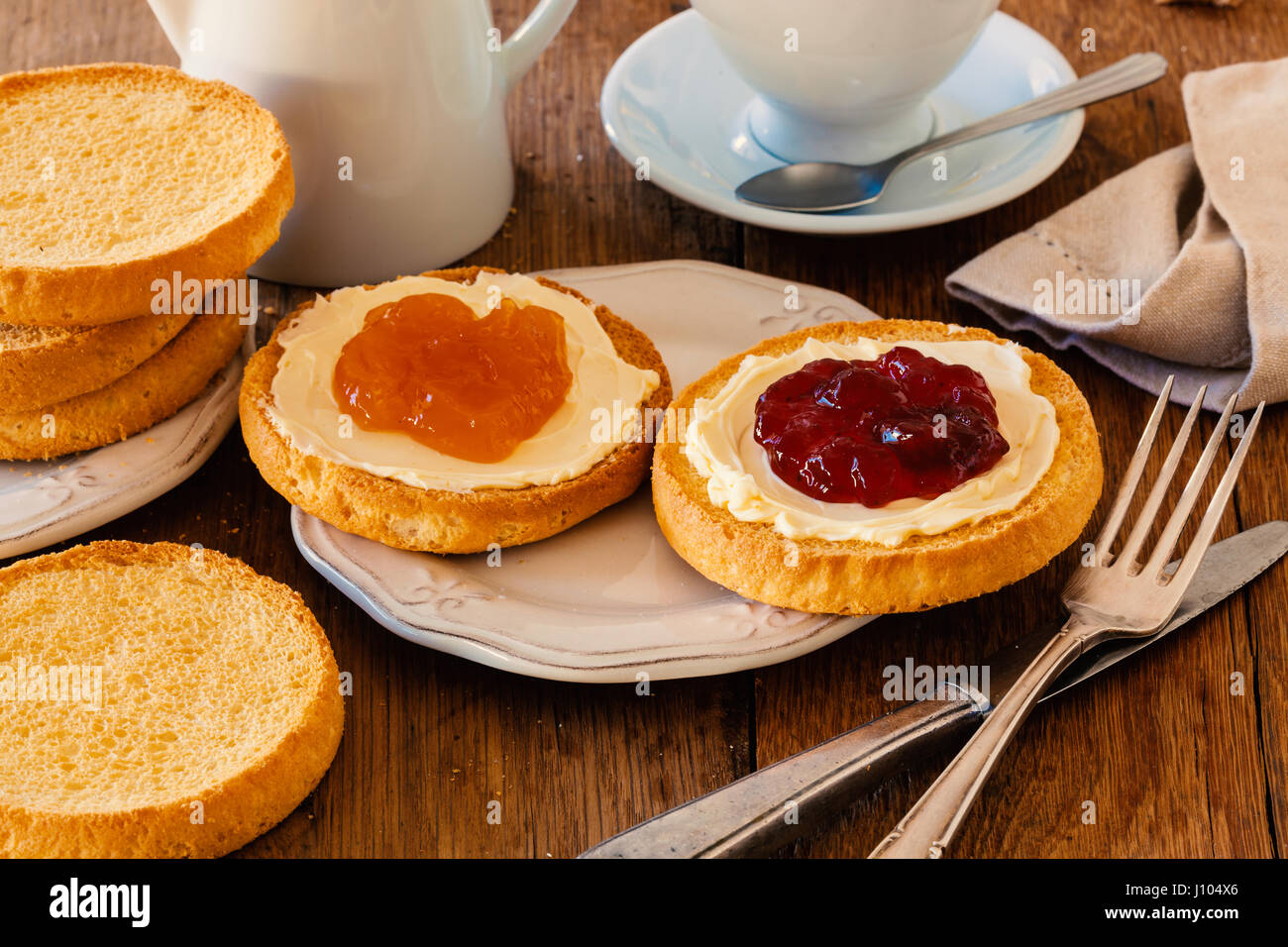Typical breakfast from Holland with biscuit toast, butter and jam Stock