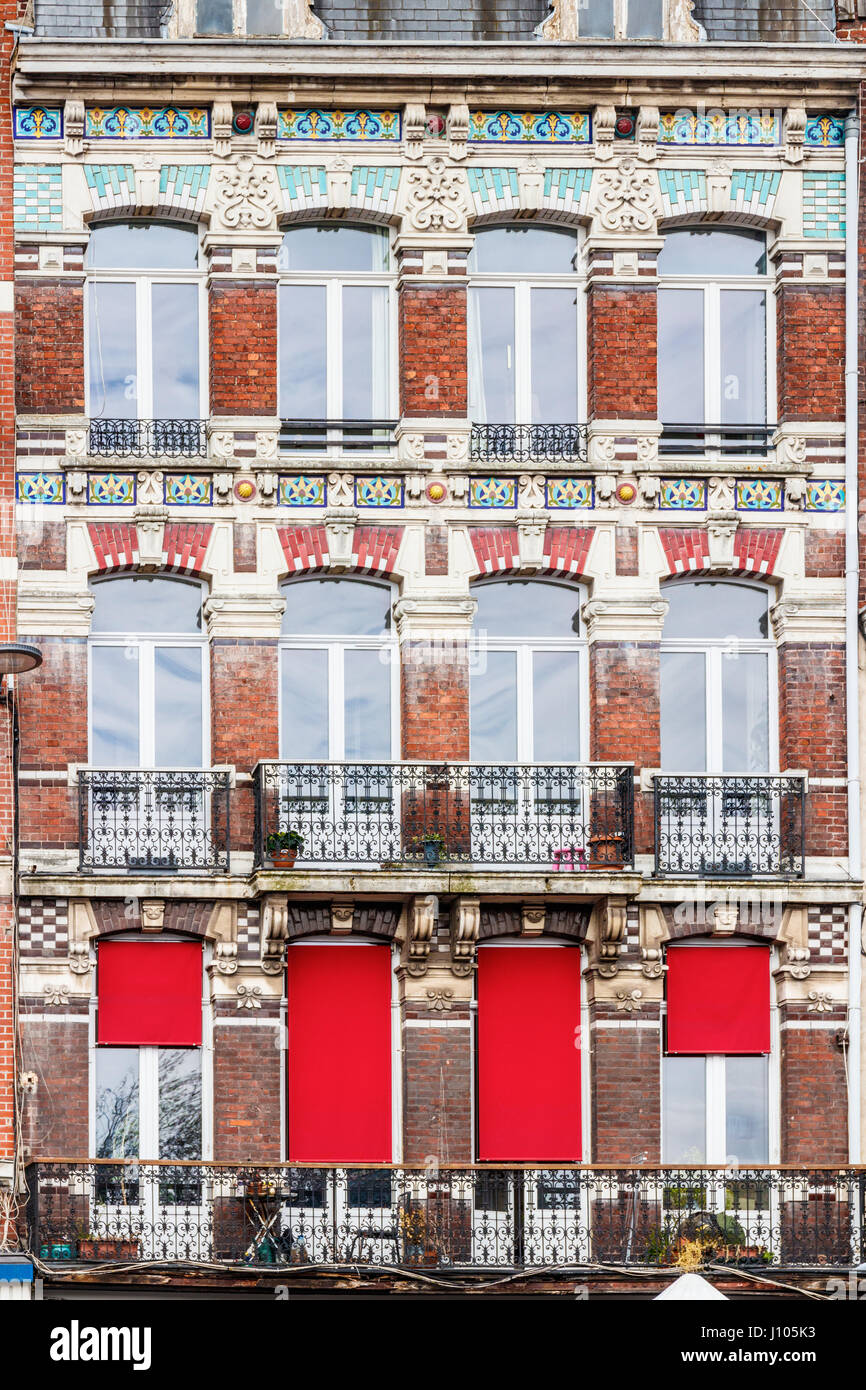 Old facade at Rue Leon Gambetta near the famous Wazemmes Market. Lille, France. Stock Photo