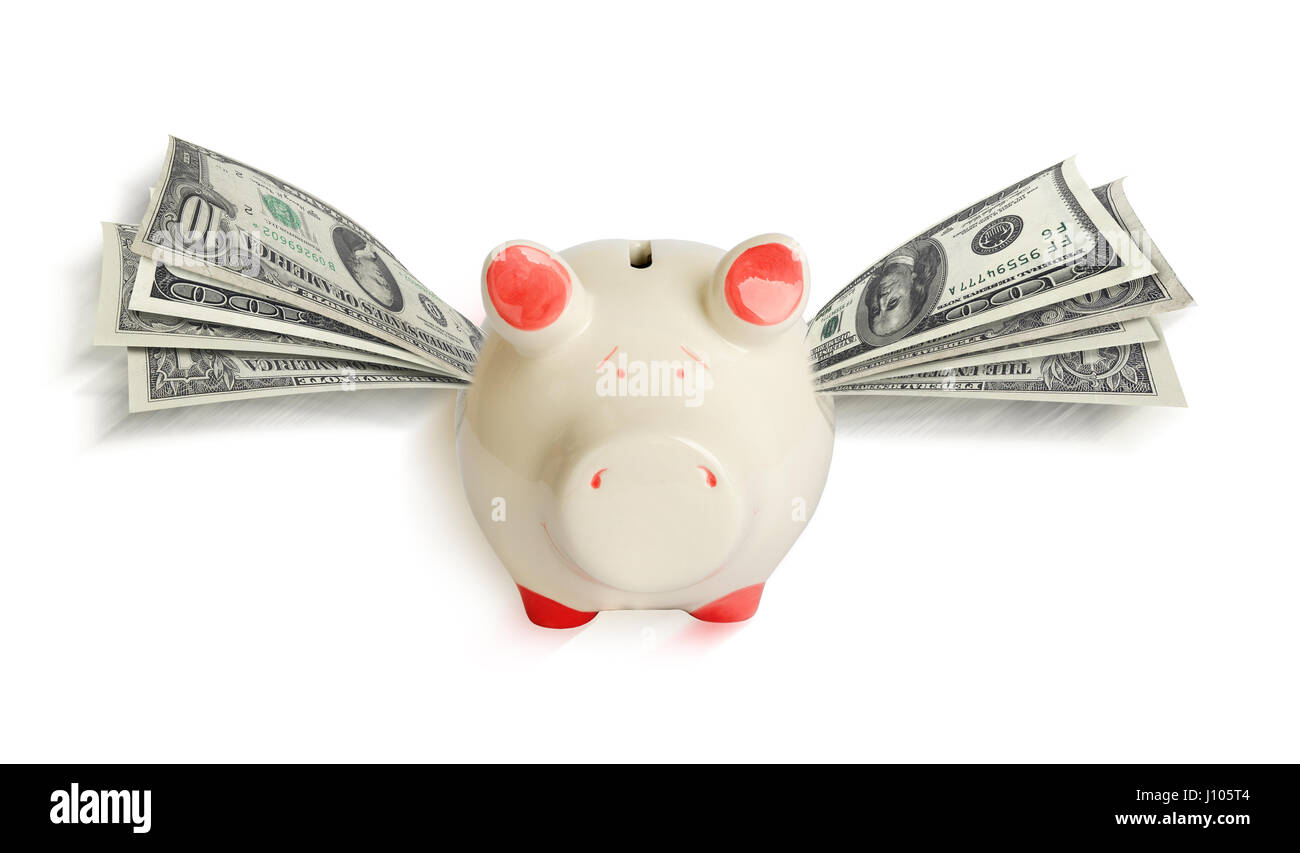 A white piggy bank with wings of paper dollars Stock Photo