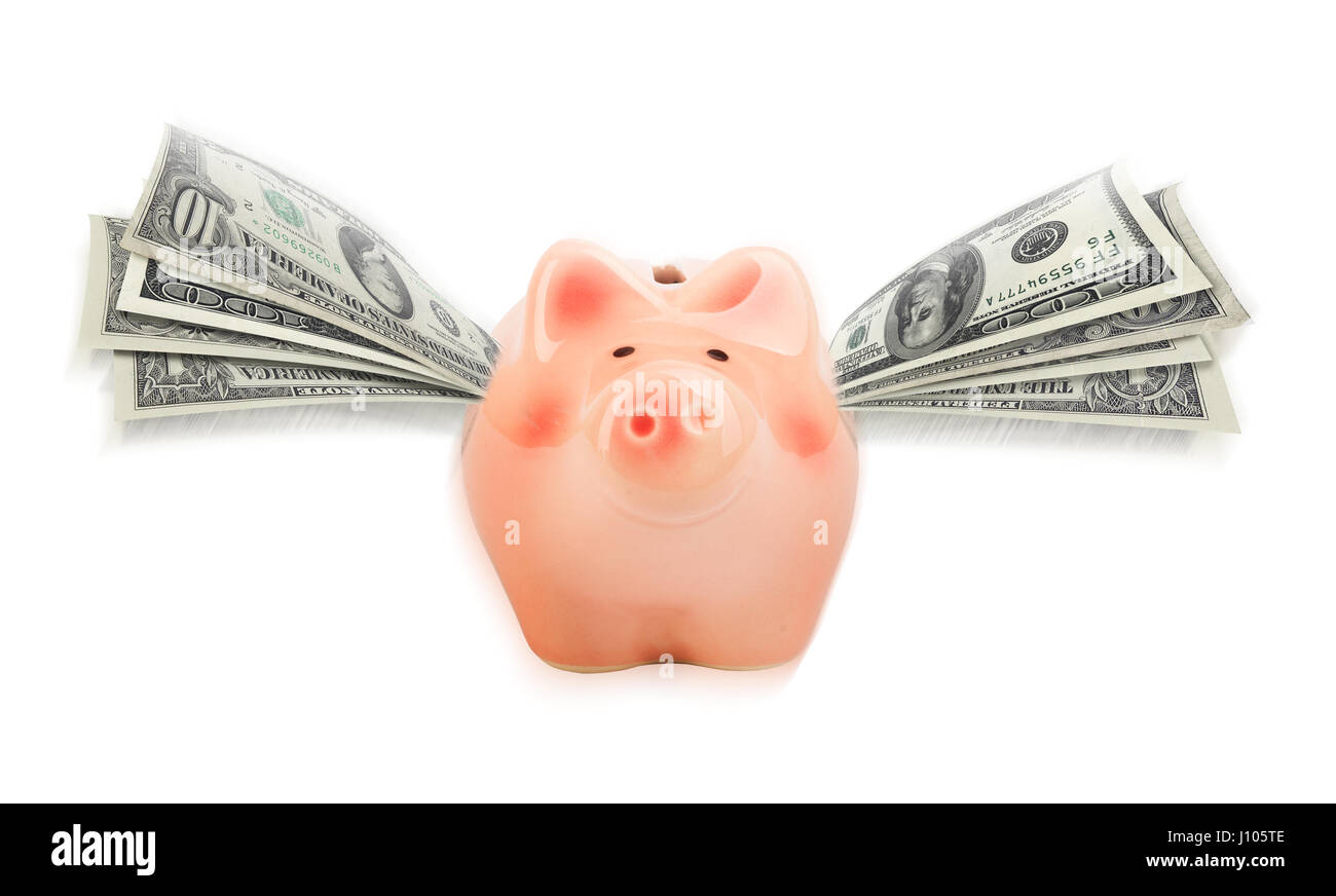 Pink piggy bank with wings of paper dollars Stock Photo