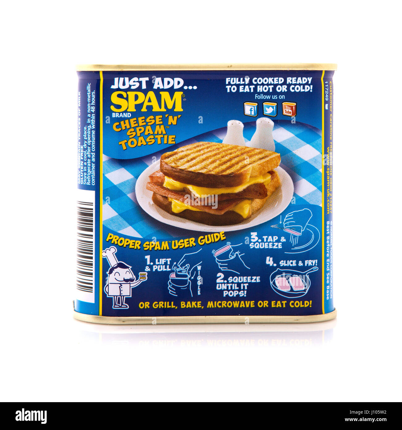 Front and rear views of a tin of SPAM chopped pork and ham on a white background with copy space showing how to make a Cheese N Spam Toastie Stock Photo