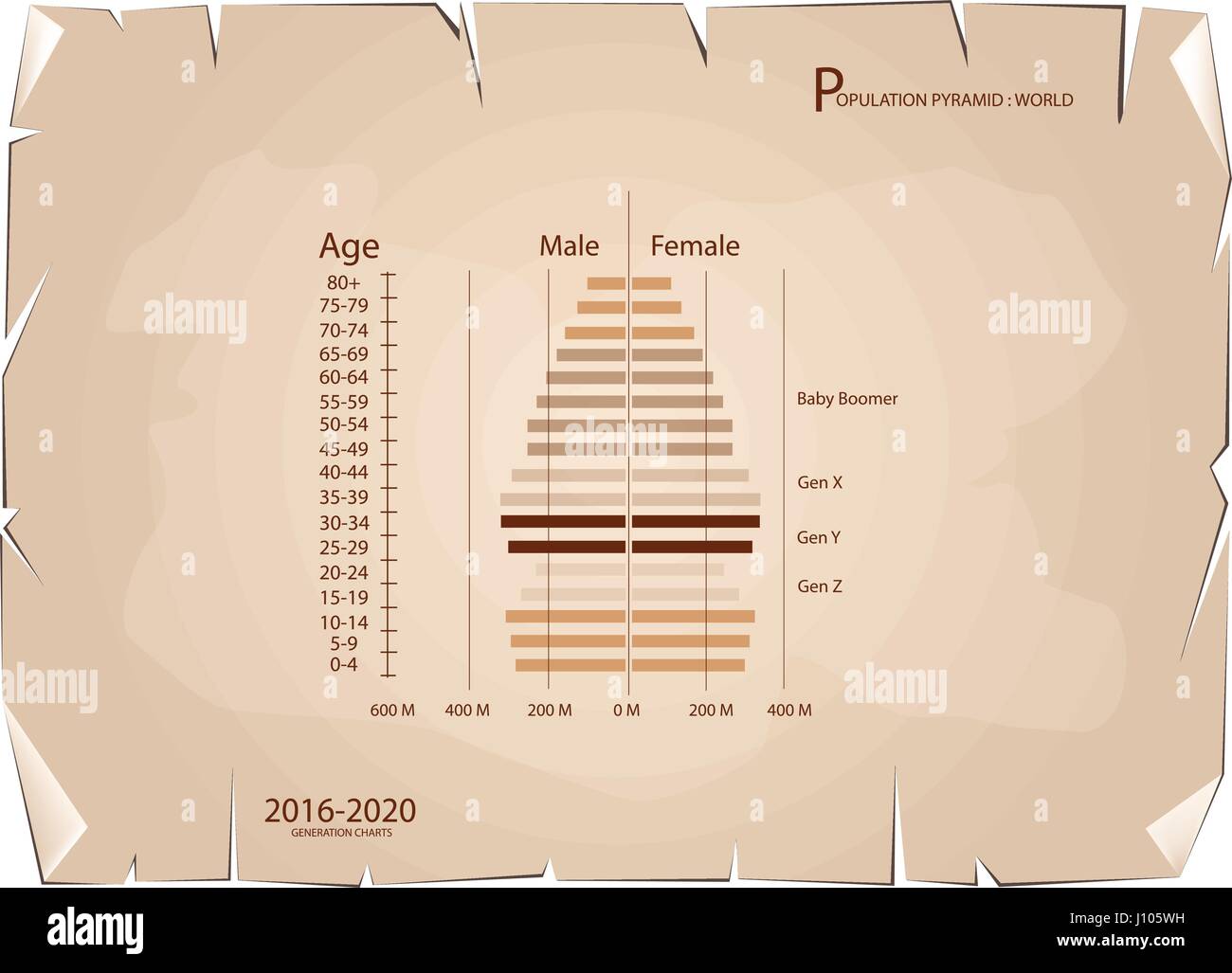 Population and Demography, Population Pyramids Chart or Age Structure Graph with Baby Boomers Generation, Gen X, Gen Y and Gen Z in 2016 to 2020 on Ol Stock Vector